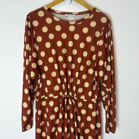 ZARA Trafaluc-Polka Dot Polyester Long Sleeve Cinch Waist Long Dress -Rust -  L - Picture 2 of 6